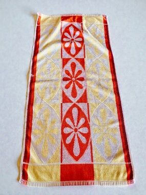 Vintage 70s Floral Hand Towel Orange Mod Cotton Bath Decor